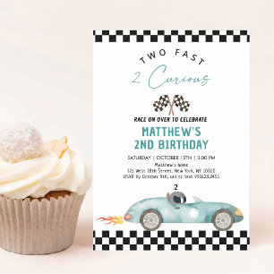 Invitación Coche de Carreras Azul Rápido Segundo Cumpleaños