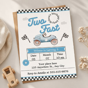 Invitación Coche de Carreras Azul Vintage "Two Fast" 2do Cump