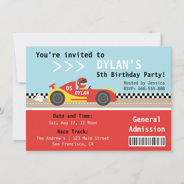 Invitación Coche de Carreras, fiesta de cumpleaños, boleto de (Anverso)