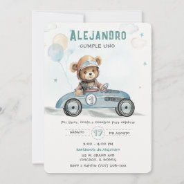 Invitación Coche de Carreras Osito Bebé Primer Cumpleaños -> 