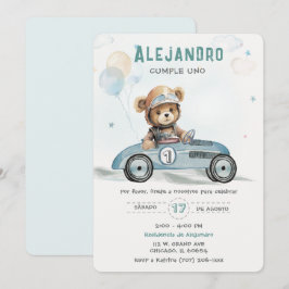 Invitación Coche de Carreras Osito Bebé Primer Cumpleaños ->