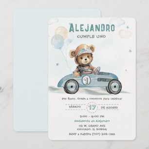 Invitación Coche de Carreras Osito Bebé Primer Cumpleaños -> 