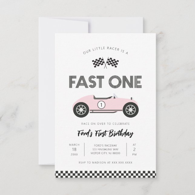 Invitación Coche de Carreras Retro Rápido Cumpleaños Uno (Anverso)
