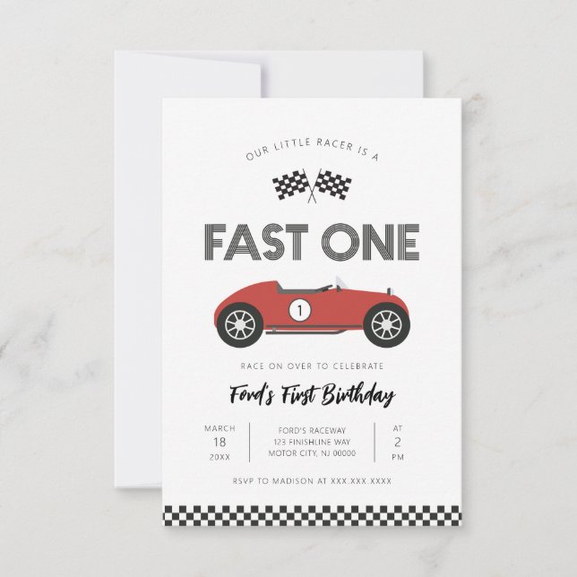 Invitación Coche de Carreras Retro Rápido Cumpleaños Uno (Anverso)
