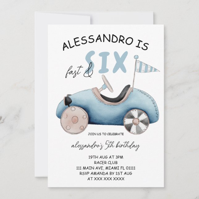Invitación Coche de Carreras Retro Rápido y Seis 6º Cumpleaño (Anverso)