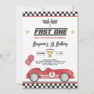 Invitación Coche de Carreras Rojo Retro Cumpleaños 1