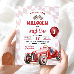 Invitación Coche de Carreras Rojo Retro Vintage Cumpleaños 1º