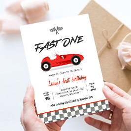 Invitación Coche de Carreras Rojo Vintage Rápido UNO Cumpleañ
