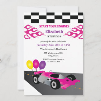 Invitación Coche de Carreras Rosa Cumpleaños de Niñas Arranca