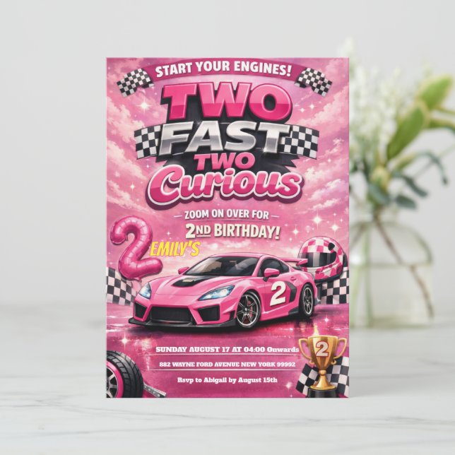 Invitación Coche de Carreras Rosa Dos Rápidos Dos Curiosos Cu (Anverso de pie)