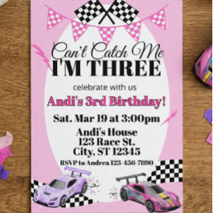 Invitación Coche de Carreras Rosa, No Puedes Atraparme Cumple