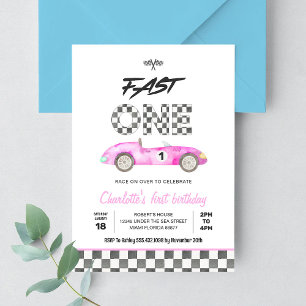 Invitación Coche de Carreras Rosa Vintage Rápido UNO Cumpleañ