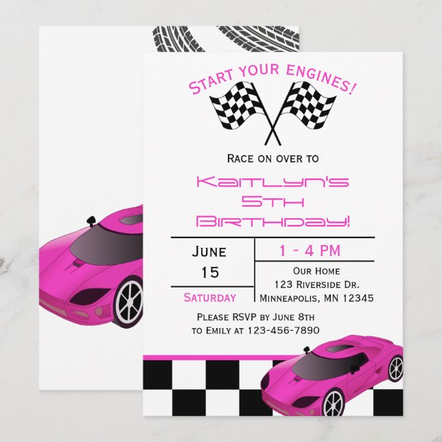 Invitación Coche de carreras rosadas | Cumpleaños de los niño (Anverso / Reverso)