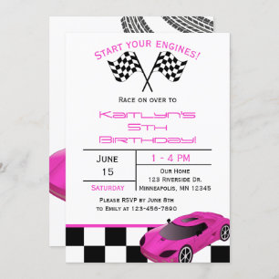 Invitación Coche de carreras rosadas Cumpleaños de los niño