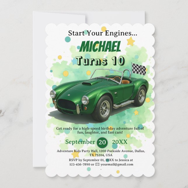 Invitación Coche de Carreras verde de fiesta de cumpleaños de (Anverso)