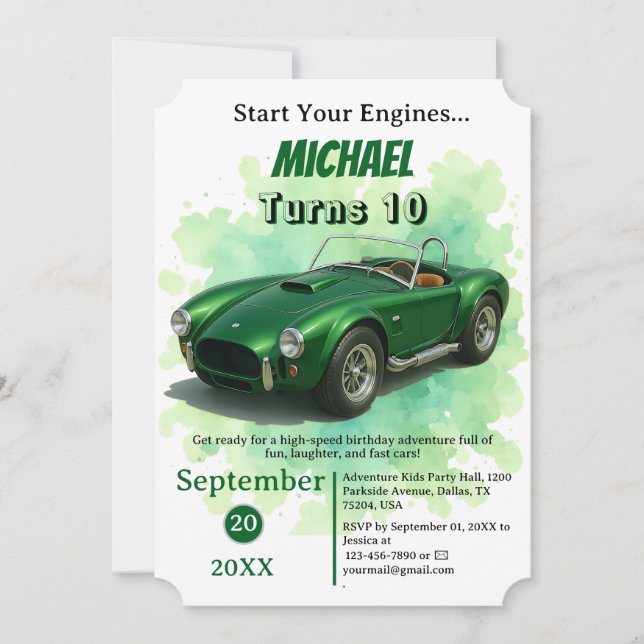 Invitación Coche de Carreras verde de fiesta de cumpleaños de (Anverso)