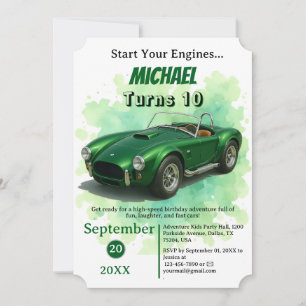 Invitación Coche de Carreras verde de fiesta de cumpleaños de
