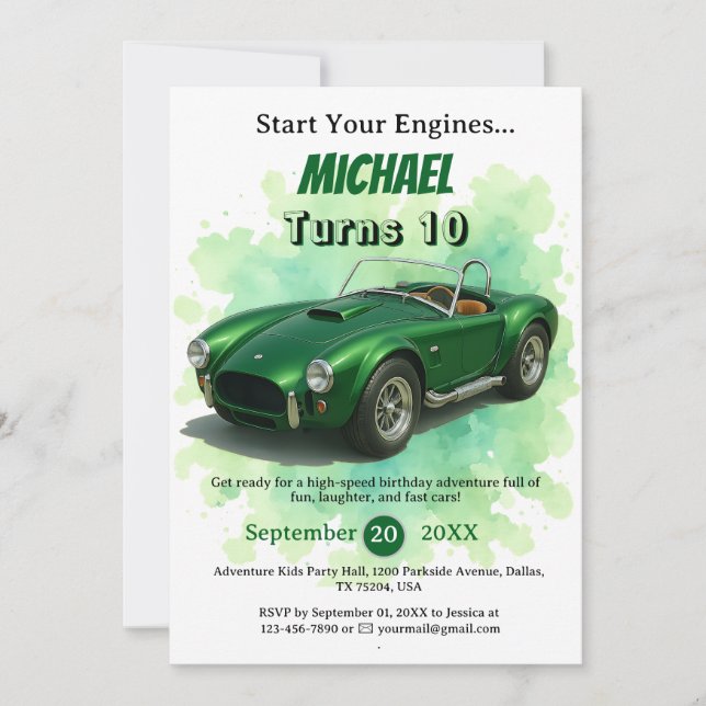 Invitación Coche de Carreras verde de fiesta de cumpleaños de (Anverso)