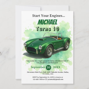 Invitación Coche de Carreras verde de fiesta de cumpleaños de