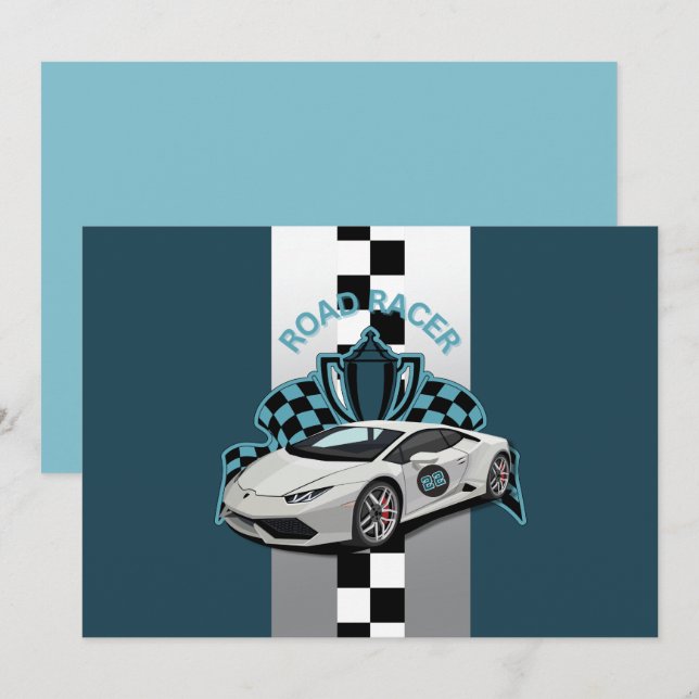 Invitación coche de Carreras verde, negro y blanco cumpleaños (Anverso / Reverso)
