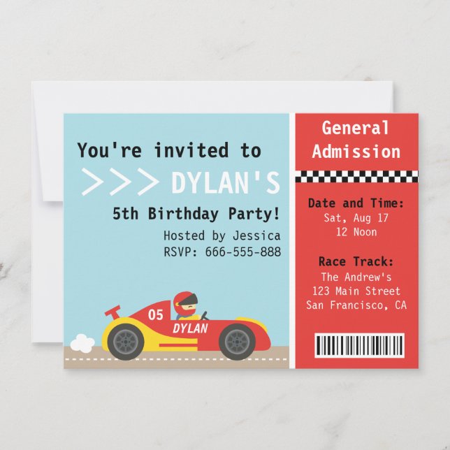 Invitación Coche de competición, fiesta de cumpleaños, boleto (Anverso)