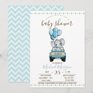 Invitación Coche de elefante bebé lindo, baby shower en zigza
