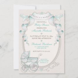 Invitación Coche de época de encaje de menta marfil con pájar