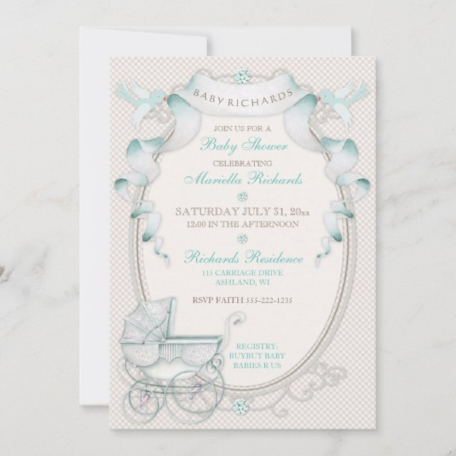 Invitación Coche de época de encaje de menta marfil con pájar (Anverso)