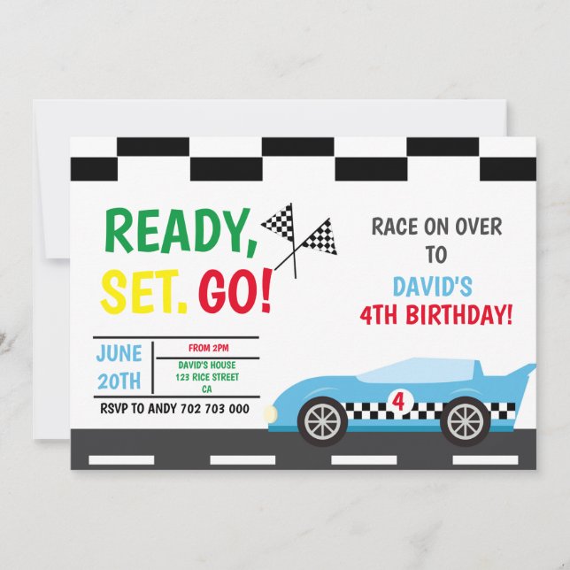 Invitación Coche de fiesta de cumpleaños de Race Car Boy (Anverso)