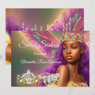 Invitación Coche de Hada de Cumpleaños 16 Rosa Purpura Dorado