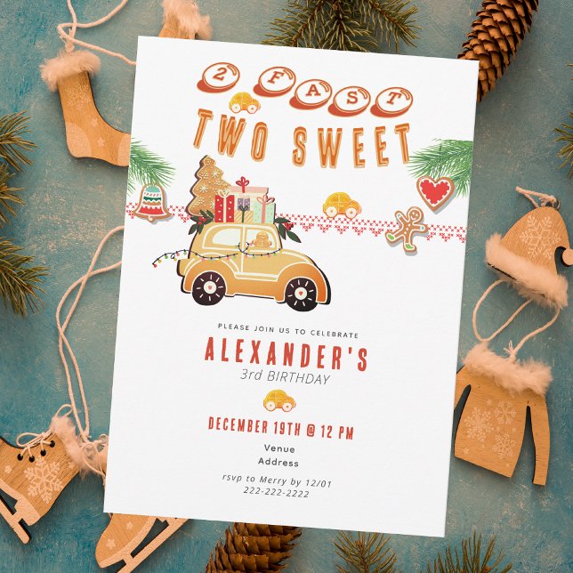 Invitación Coche de Jengibre de Navidad Rápido Dos Cumpleaños (Two Fast Two Sweet Christmas Gingerbread Car 2nd Birthday December Winter Invitation)