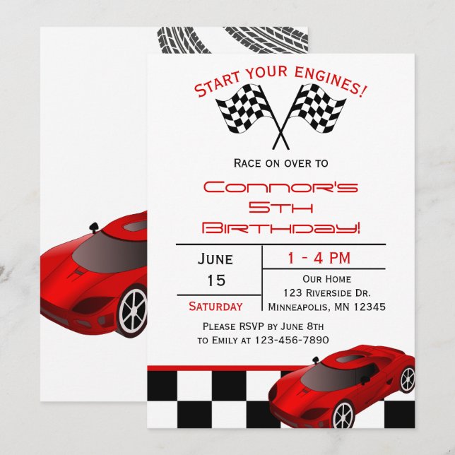 Invitación Coche de la Raza Roja | Cumpleaños de los niños Pe (Anverso / Reverso)