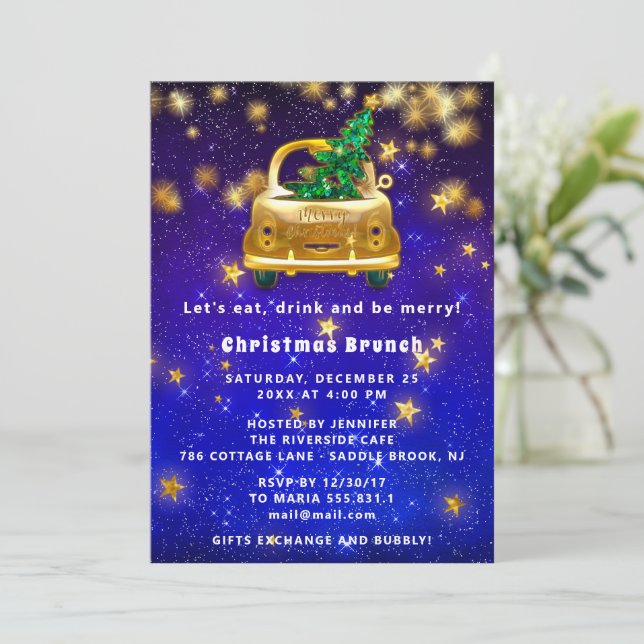 Invitación Coche de oro Feliz Navidad Brunch Cena Estrella Na (Anverso de pie)