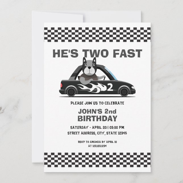 Invitación Coche de raza blanca y gris dos cumpleaños rápido (Anverso)