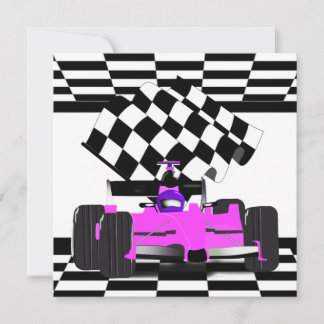 Invitación Coche de raza rosa con bandera de marca de verific