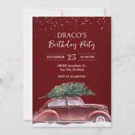 Invitación Coche de vintage con árbol de navidad cumpleaños