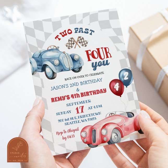 Invitación Coche retro vintage Coche hermanos niños Cumpleaño (Subido por el creador)