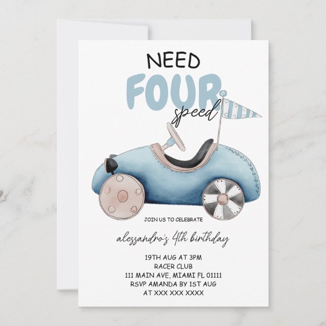 Invitación Coche Retro Vintage Cumpleaños 4  (Anverso)