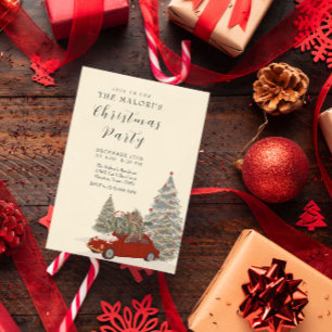Invitación Coche Rojo con Árbol de Navidad y Pin de Invierno 