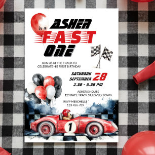 Invitación Coche Rojo de Carreras Rápido Cumpleaños 1º
