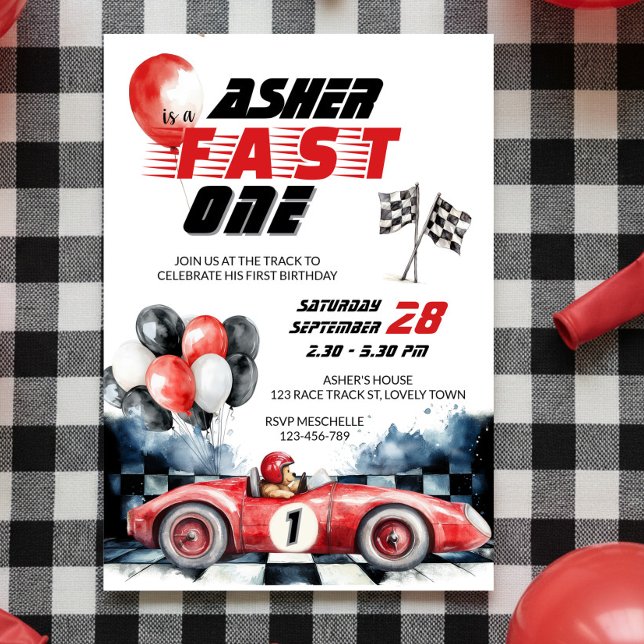 Invitación Coche Rojo de Carreras Rápido Cumpleaños 1º (Fast One 1st birthday invitation with red racing car )