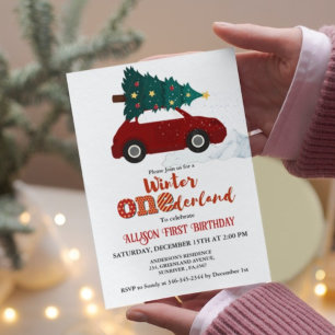 Invitación Coche rojo de invierno de Onederland con árbol de 
