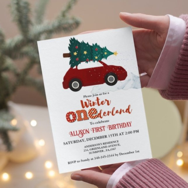 Invitación Coche rojo de invierno de Onederland con árbol de  (Subido por el creador)