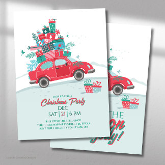 Invitación Coche Rojo Festivo Con Regalos Fiesta De Navidad