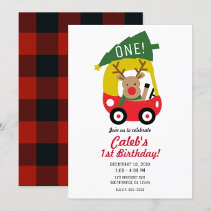 Invitación Coche Rojo Reno Pequeño Árbol Navidad Fiesta Niños