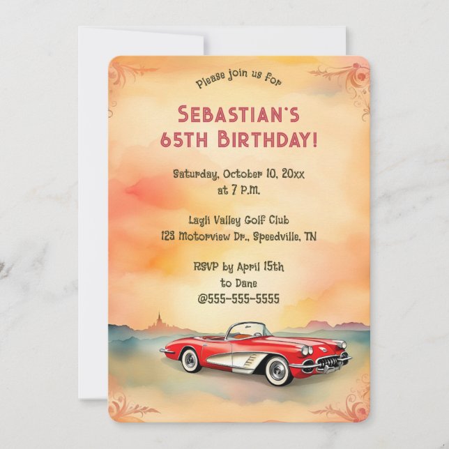 Invitación Coche rojo retro editable (Anverso)