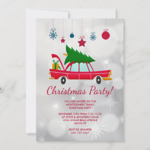 Invitación Coche Rojo Retro que Lleva un Árbol de Navidad Fie