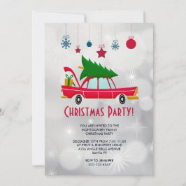 Invitación Coche Rojo Retro Transportando un Árbol de Navidad