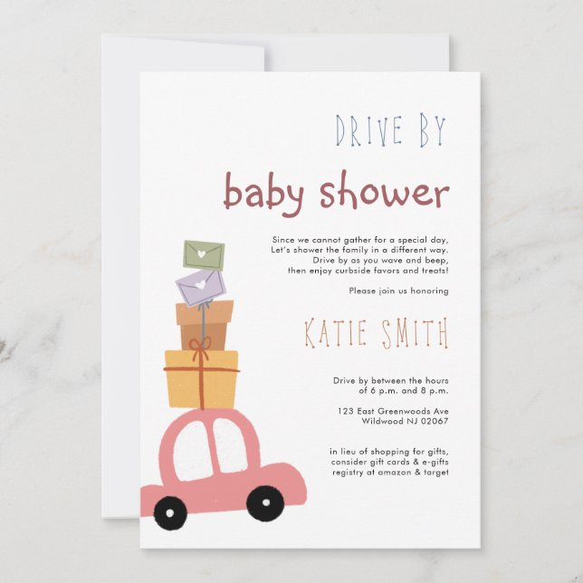 Invitación Coche rosa lindo con regalo de Baby Shower (Anverso)