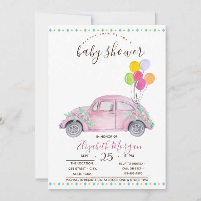 Invitación Coche Rosa Lindo,Globos Zigzag Baby Shower (Anverso)